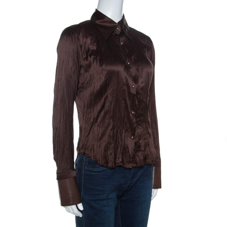 مملوكة مسبقًا Roberto Cavalli Brown Silk Satin Leather Trim Button Front Shirt S