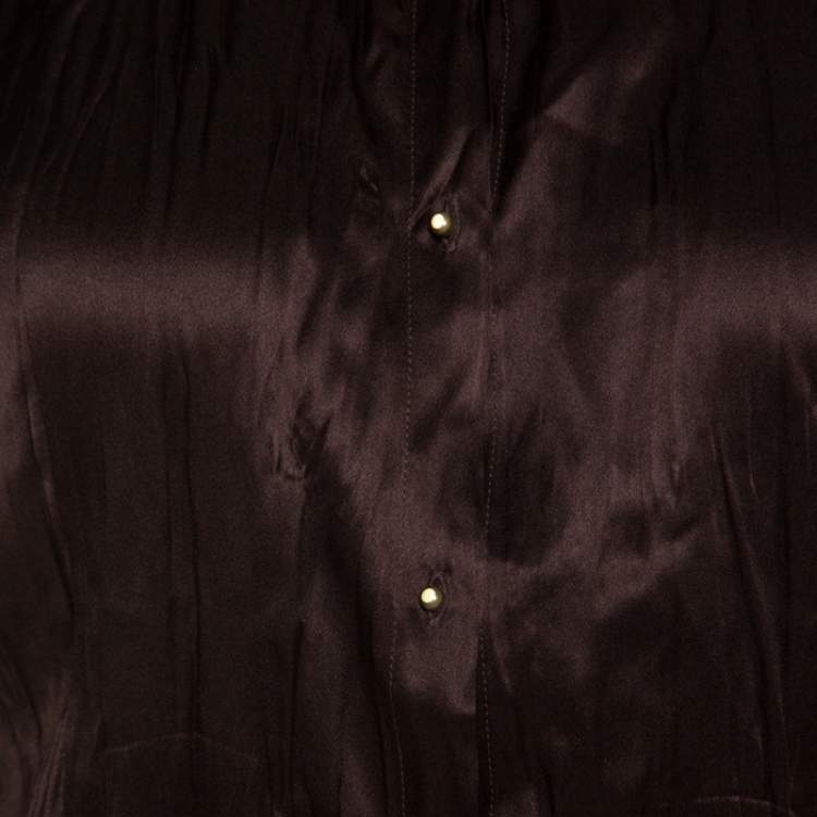مملوكة مسبقًا Roberto Cavalli Brown Silk Satin Leather Trim Button Front Shirt S