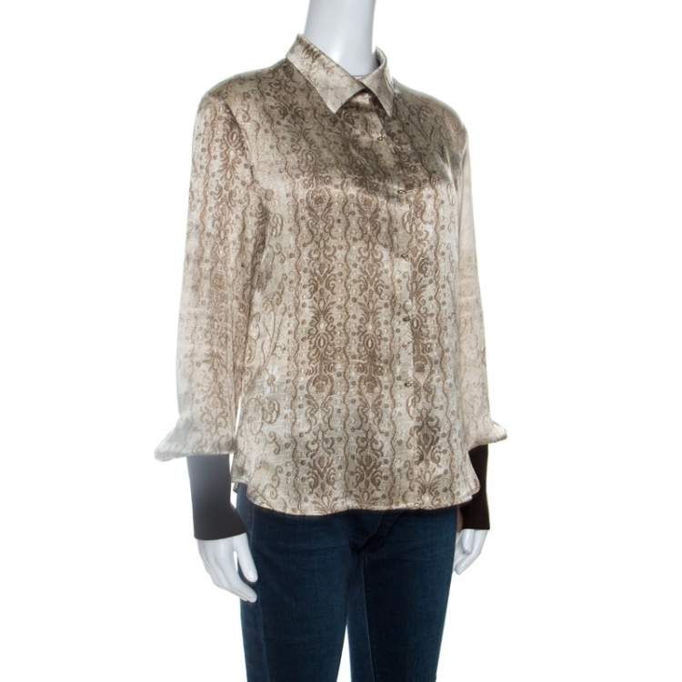 Pre Owned Roberto Cavalli Beige Printed Silk Contrast Trim Button Front Shirt M