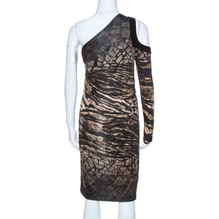 Pre Owned Roberto Cavalli Black Printed Knit Draped One Shoulder Dress M