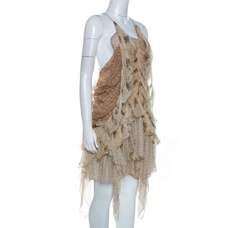 مملوكة مسبقًا Roberto Cavalli Beige Floral Print Chiffon Silk Strappy Tiered Dress M