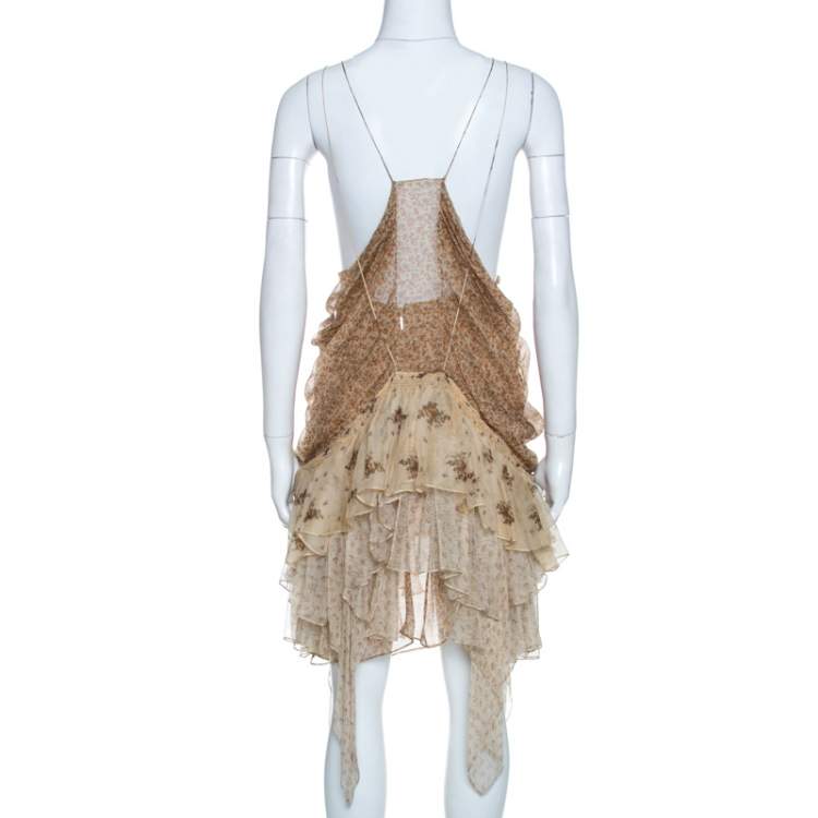 مملوكة مسبقًا Roberto Cavalli Beige Floral Print Chiffon Silk Strappy Tiered Dress M