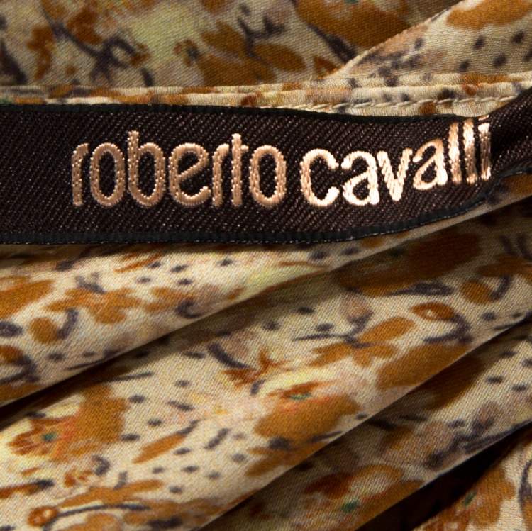مملوكة مسبقًا Roberto Cavalli Beige Floral Print Chiffon Silk Strappy Tiered Dress M