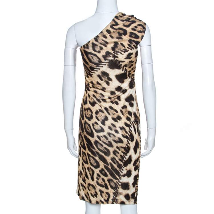 Pre Owned Roberto Cavalli Brown Animal Print Brooch Detail One Shoulder Dress M