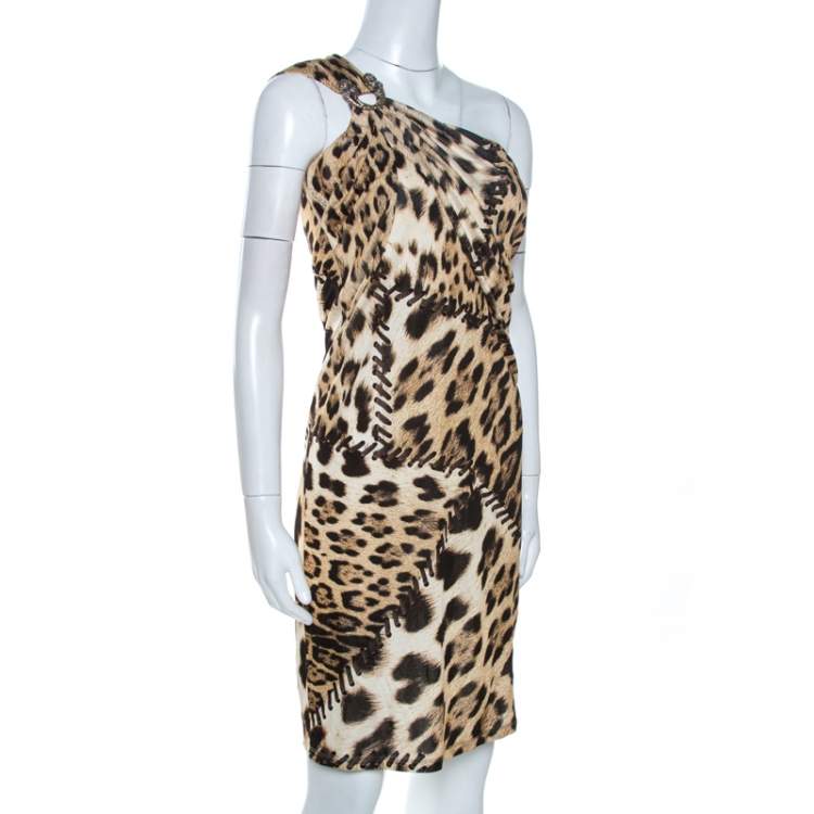 Pre Owned Roberto Cavalli Brown Animal Print Brooch Detail One Shoulder Dress M
