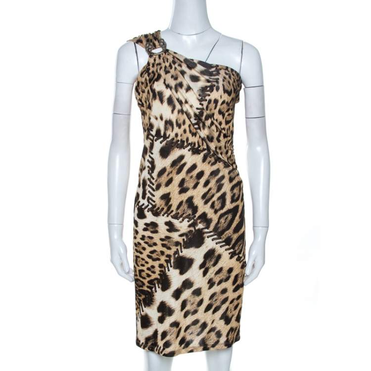 Pre Owned Roberto Cavalli Brown Animal Print Brooch Detail One Shoulder Dress M