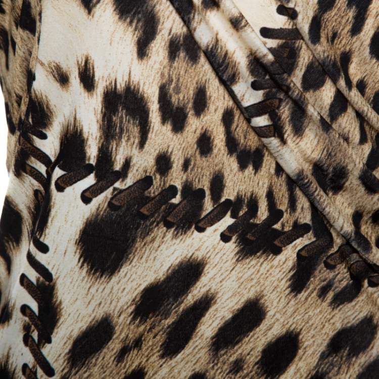 Pre Owned Roberto Cavalli Brown Animal Print Brooch Detail One Shoulder Dress M