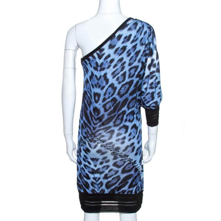 Pre Owned Roberto Cavalli Bicolor Animal Print Knit One Shoulder Dress M