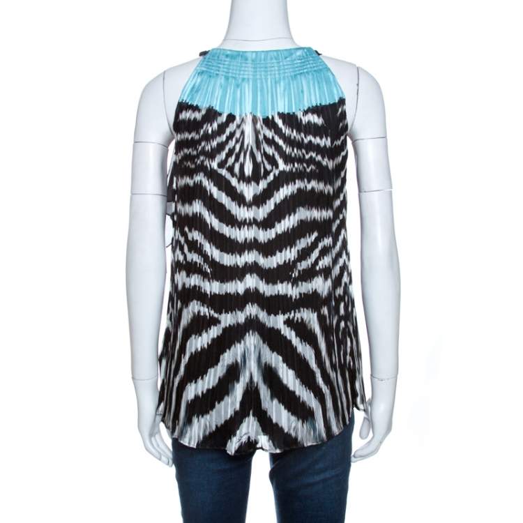 Pre Owned Roberto Cavalli Black Printed Silk Pleated Halter Neck Top S