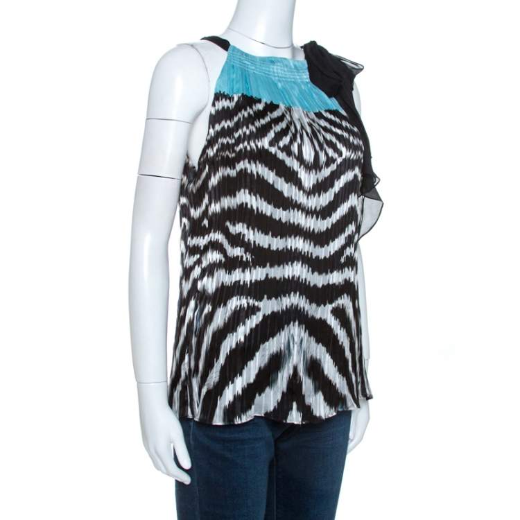 Pre Owned Roberto Cavalli Black Printed Silk Pleated Halter Neck Top S