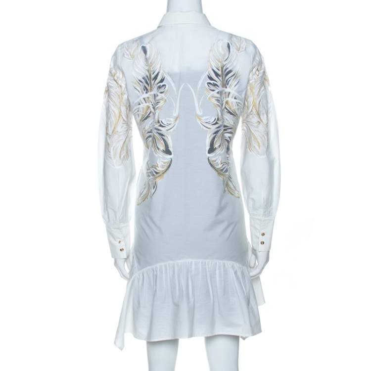 مملوكة مسبقًا Roberto Cavalli White Brasso Feather Print Cotton Shirt Dress S