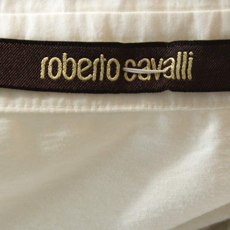 مملوكة مسبقًا Roberto Cavalli White Brasso Feather Print Cotton Shirt Dress S