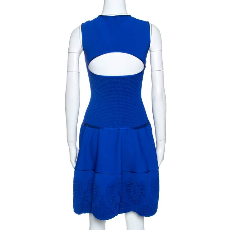 Pre Owned Roberto Cavalli Blue Embossed Jacquard Knit Fitted Dress S