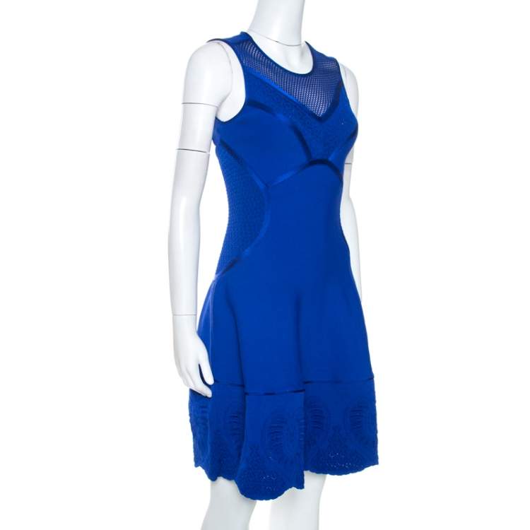 Pre Owned Roberto Cavalli Blue Embossed Jacquard Knit Fitted Dress S