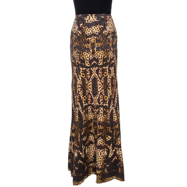 Pre Owned Roberto Cavalli Brown Print Cotton Belted Flared Maxi Skirt M