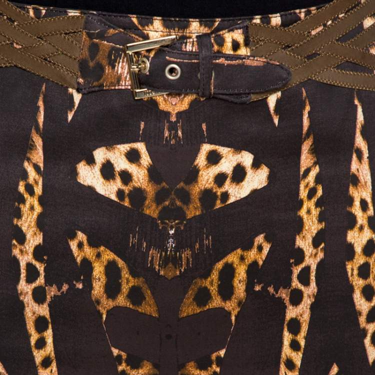 Pre Owned Roberto Cavalli Brown Print Cotton Belted Flared Maxi Skirt M