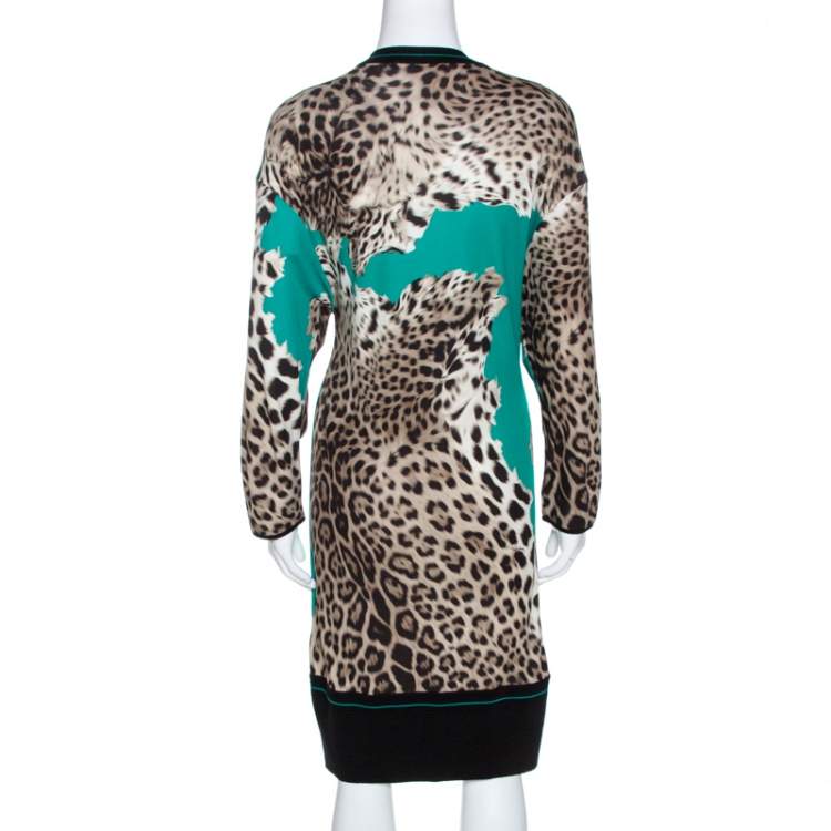 Pre Owned Roberto Cavalli Green Animal Print Knit Fitted Hem Dress M
