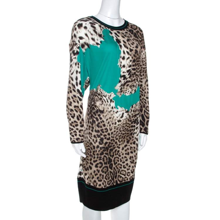 Pre Owned Roberto Cavalli Green Animal Print Knit Fitted Hem Dress M