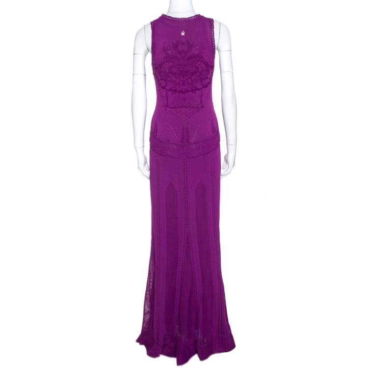 Pre Owned Roberto Cavalli Fuschia Crochet Knit Sleeveless Maxi Dress S 