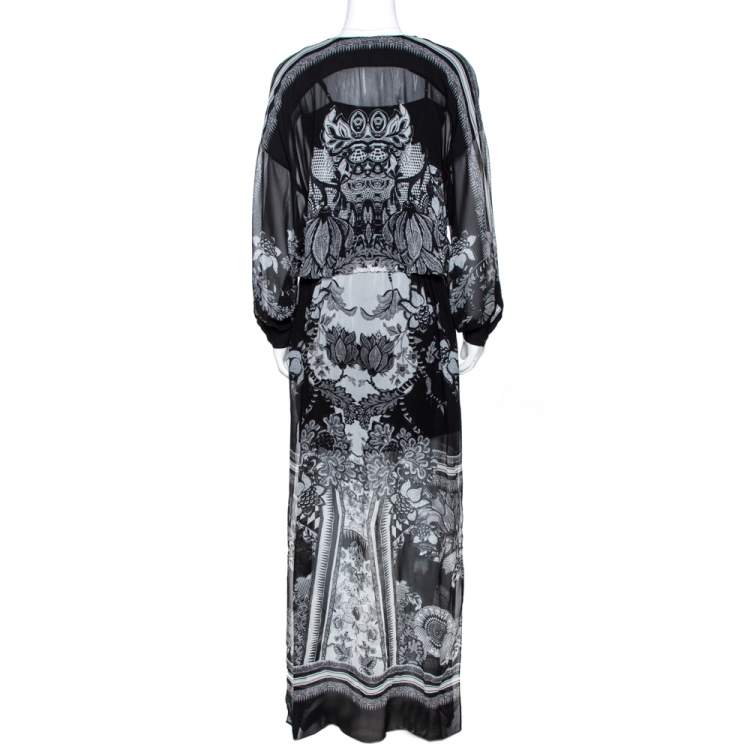 Pre Owned Roberto Cavalli Monochrome Floral Print Silk Kaftan Tunic S