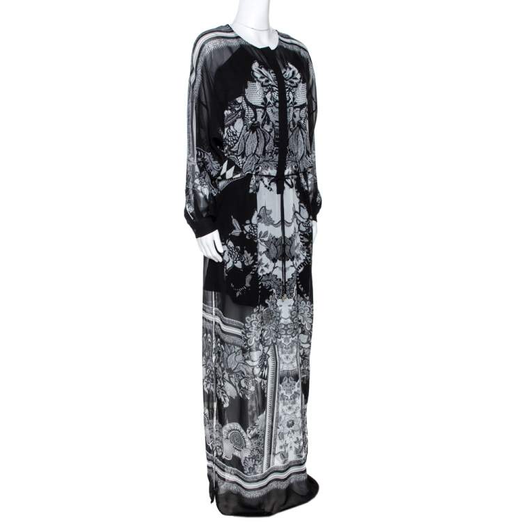 Pre Owned Roberto Cavalli Monochrome Floral Print Silk Kaftan Tunic S