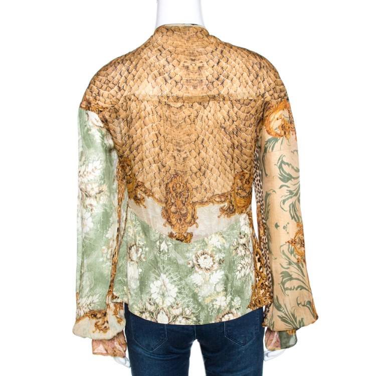Pre Owned Roberto Cavalli Brown Glitter Print Silk Neck Tie Detail Top L