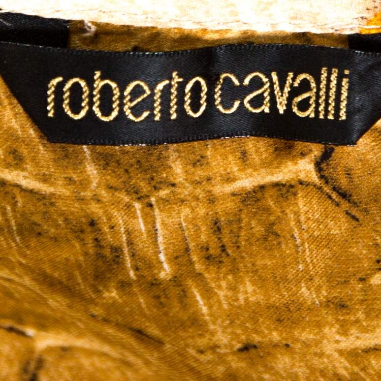 Pre Owned Roberto Cavalli Brown Glitter Print Silk Neck Tie Detail Top L