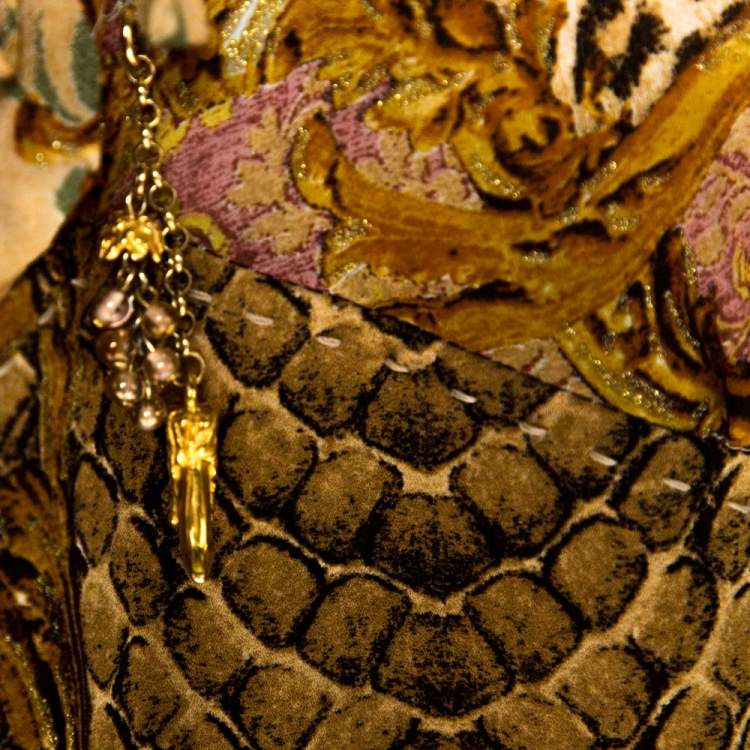 Pre Owned Roberto Cavalli Brown Glitter Print Silk Neck Tie Detail Top L
