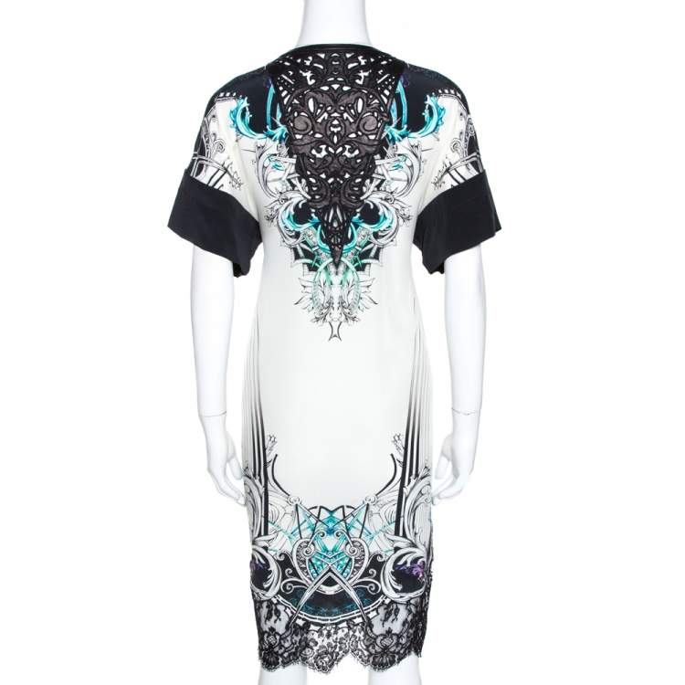 Pre Owned Roberto Cavalli White Printed Silk Laser Cut Detail Tunic Dress S