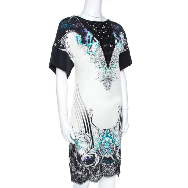 Pre Owned Roberto Cavalli White Printed Silk Laser Cut Detail Tunic Dress S