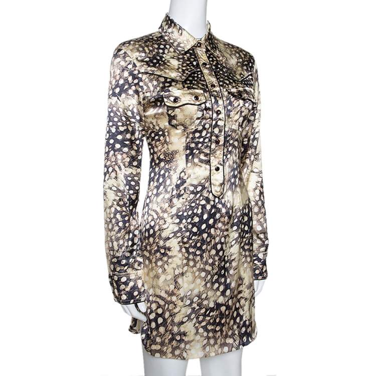 مملوكة مسبقًا Roberto Cavalli Bicolor Animal Print Silk Shirt Dress S