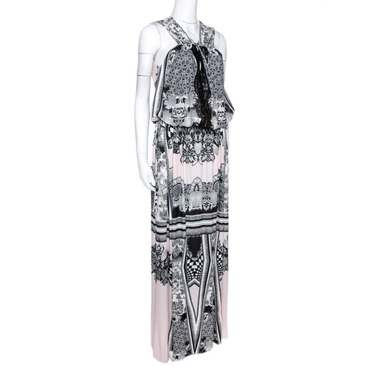 Pre Owned Roberto Cavalli Multicolor Printed Jersey Cutwork Neckline Detail Maxi Dress M