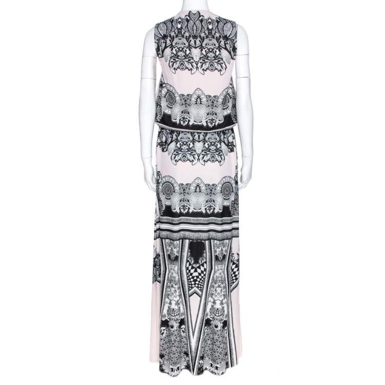 Pre Owned Roberto Cavalli Multicolor Printed Jersey Cutwork Neckline Detail Maxi Dress M