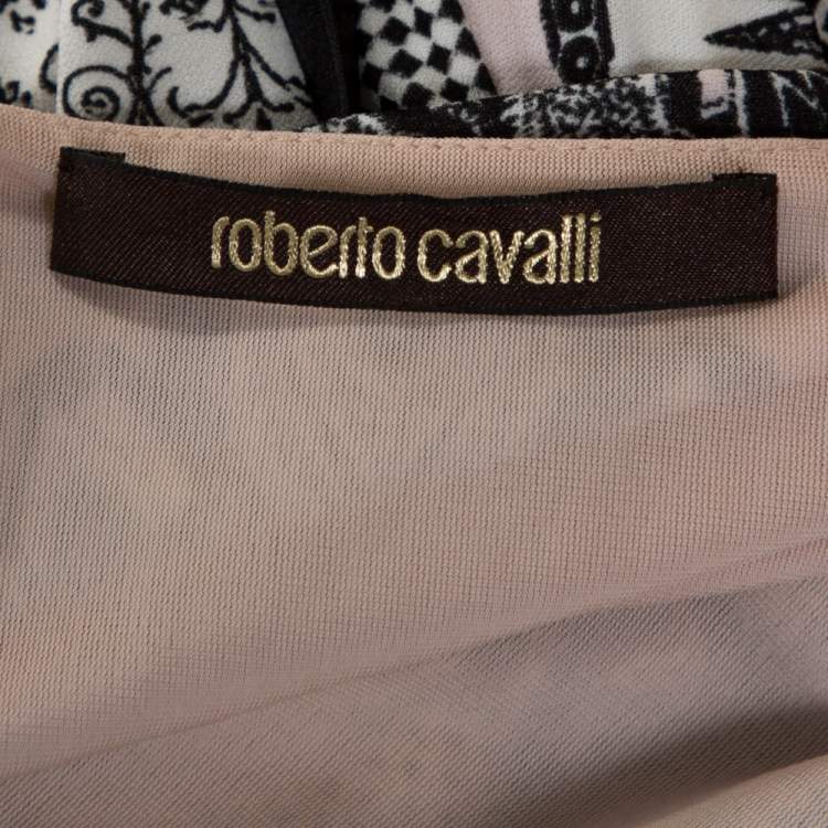 Pre Owned Roberto Cavalli Multicolor Printed Jersey Cutwork Neckline Detail Maxi Dress M