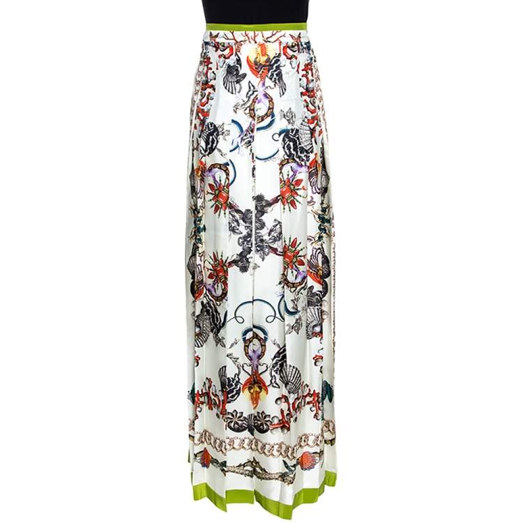 Pre Owned Roberto Cavalli Off White Printed Silk Button Front Long Skirt M