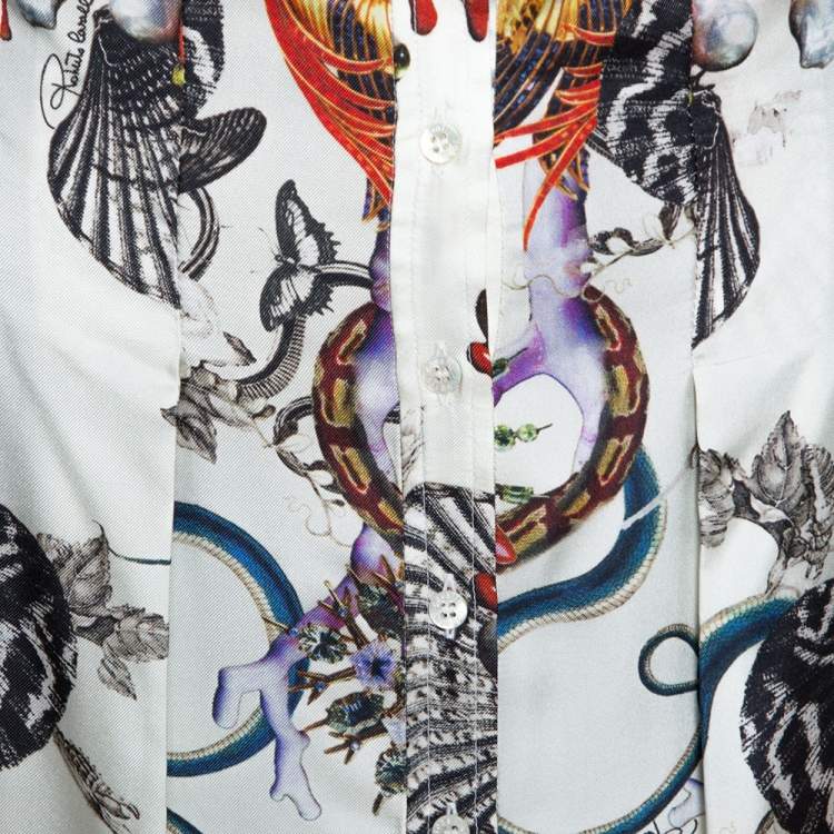 Pre Owned Roberto Cavalli Off White Printed Silk Button Front Long Skirt M