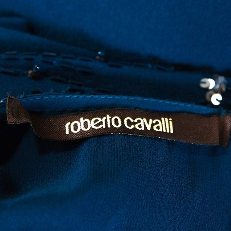Pre Owned Roberto Cavalli Peacock Blue Silk Embellished Kaftan Dress L