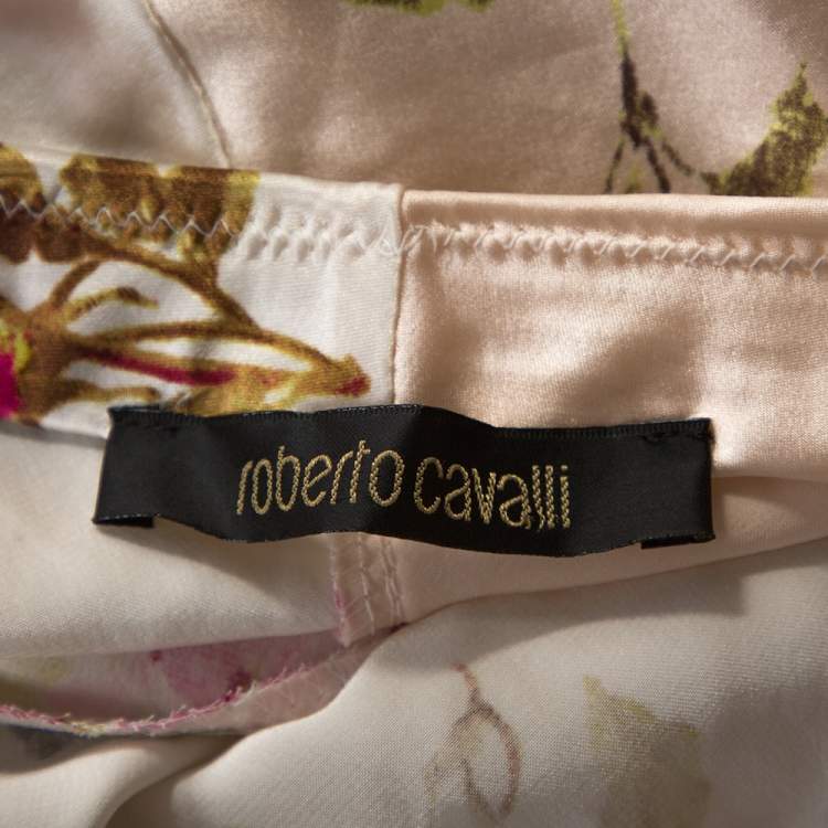 Pre Owned Roberto Cavalli Cream Floral Print Silk Satin Maxi Skirt L