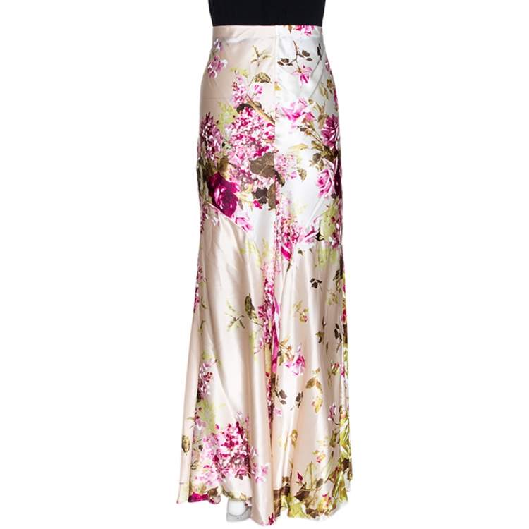 Pre Owned Roberto Cavalli Cream Floral Print Silk Satin Maxi Skirt L