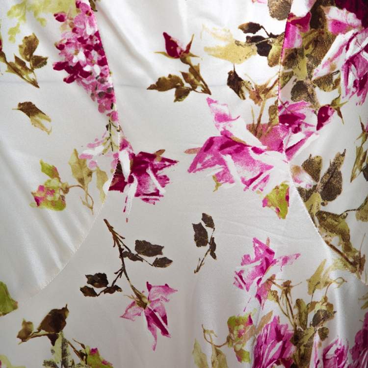 Pre Owned Roberto Cavalli Cream Floral Print Silk Satin Maxi Skirt L