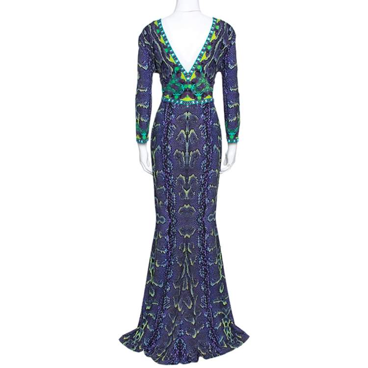Pre Owned Roberto Cavalli Purple Snakeskin Print Stretch Jersey Maxi Dress L