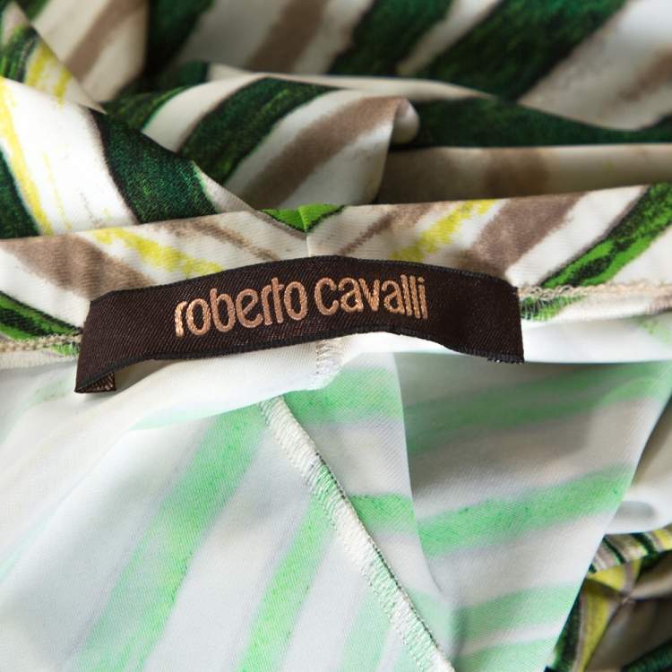 Pre Owned Roberto Cavalli Green Striped Print Jersey Pleated Detail Maxi Skirt L
