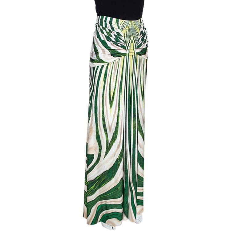 Pre Owned Roberto Cavalli Green Striped Print Jersey Pleated Detail Maxi Skirt L