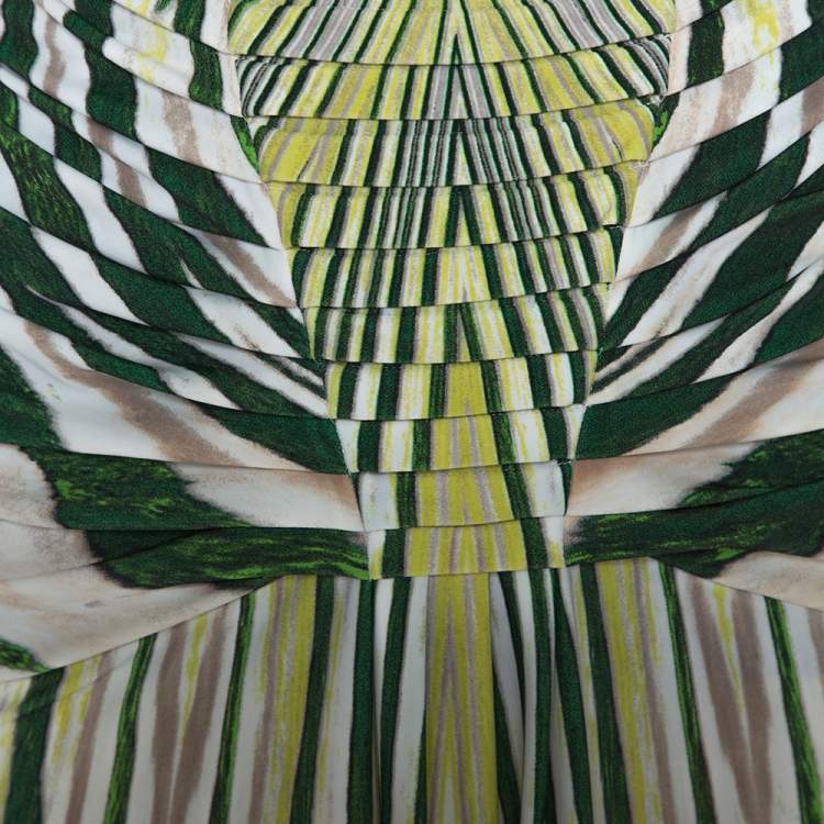 Pre Owned Roberto Cavalli Green Striped Print Jersey Pleated Detail Maxi Skirt L