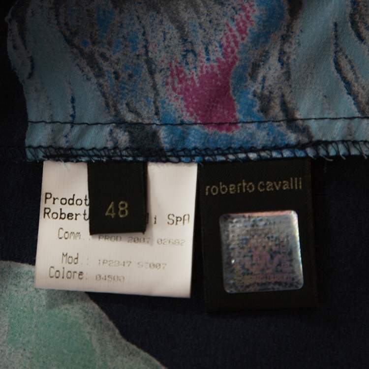 Pre Owned Roberto Cavalli Navy Blue Floral Print Silk Satin Flared Maxi Skirt L