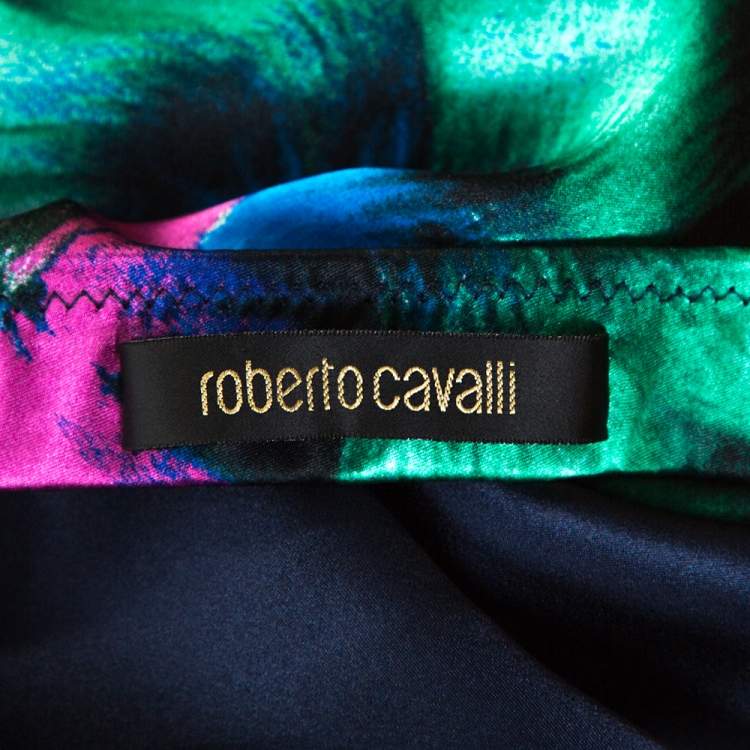 Pre Owned Roberto Cavalli Navy Blue Floral Print Silk Satin Flared Maxi Skirt L