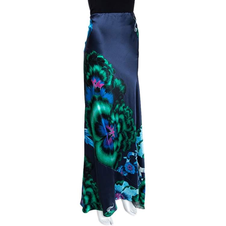 Pre Owned Roberto Cavalli Navy Blue Floral Print Silk Satin Flared Maxi Skirt L