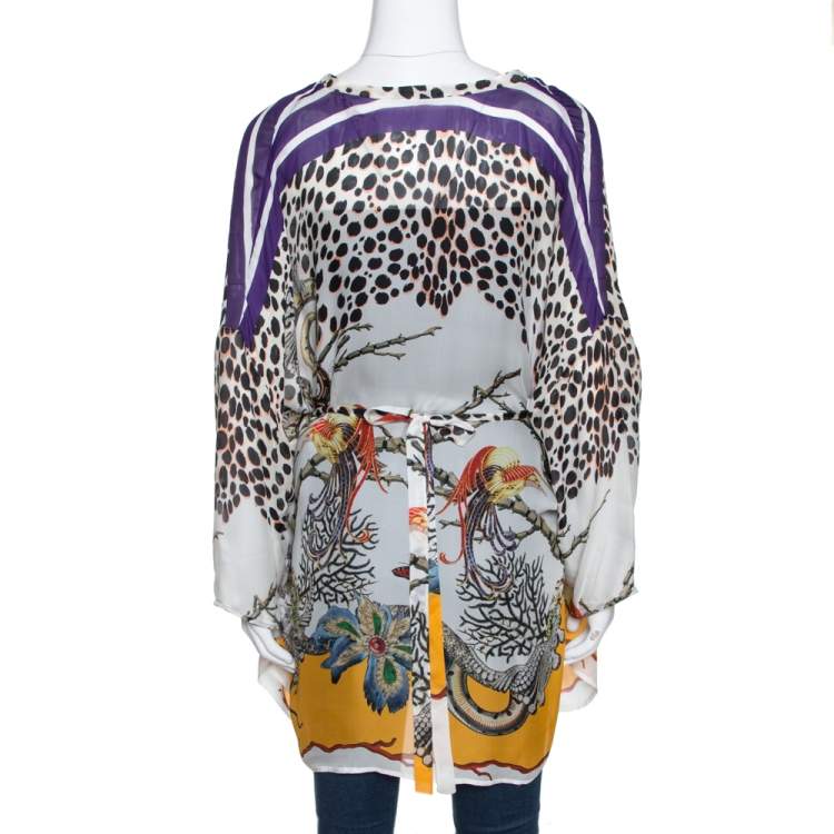 Pre Owned Roberto Cavalli Multicolor Hera Print Silk Belted Kaftan Top L
