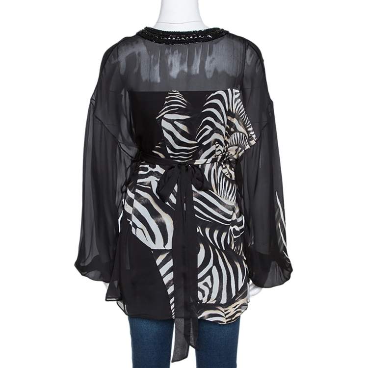 مملوكة مسبقًا Roberto Cavalli Black Animal Print Silk Embellished Neck Tie Back Blouse S