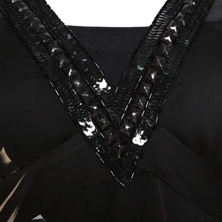 مملوكة مسبقًا Roberto Cavalli Black Animal Print Silk Embellished Neck Tie Back Blouse S
